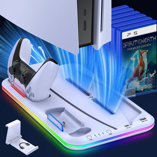 RGB Light Fan For PS5 Console Disc & Digital Editions, PS5 Controller Dual Controller Charging Dock.